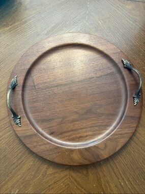 Ozark Walnutware Solid Walnut Round Wood Serving Tray Brass Leaf Handles Vintage